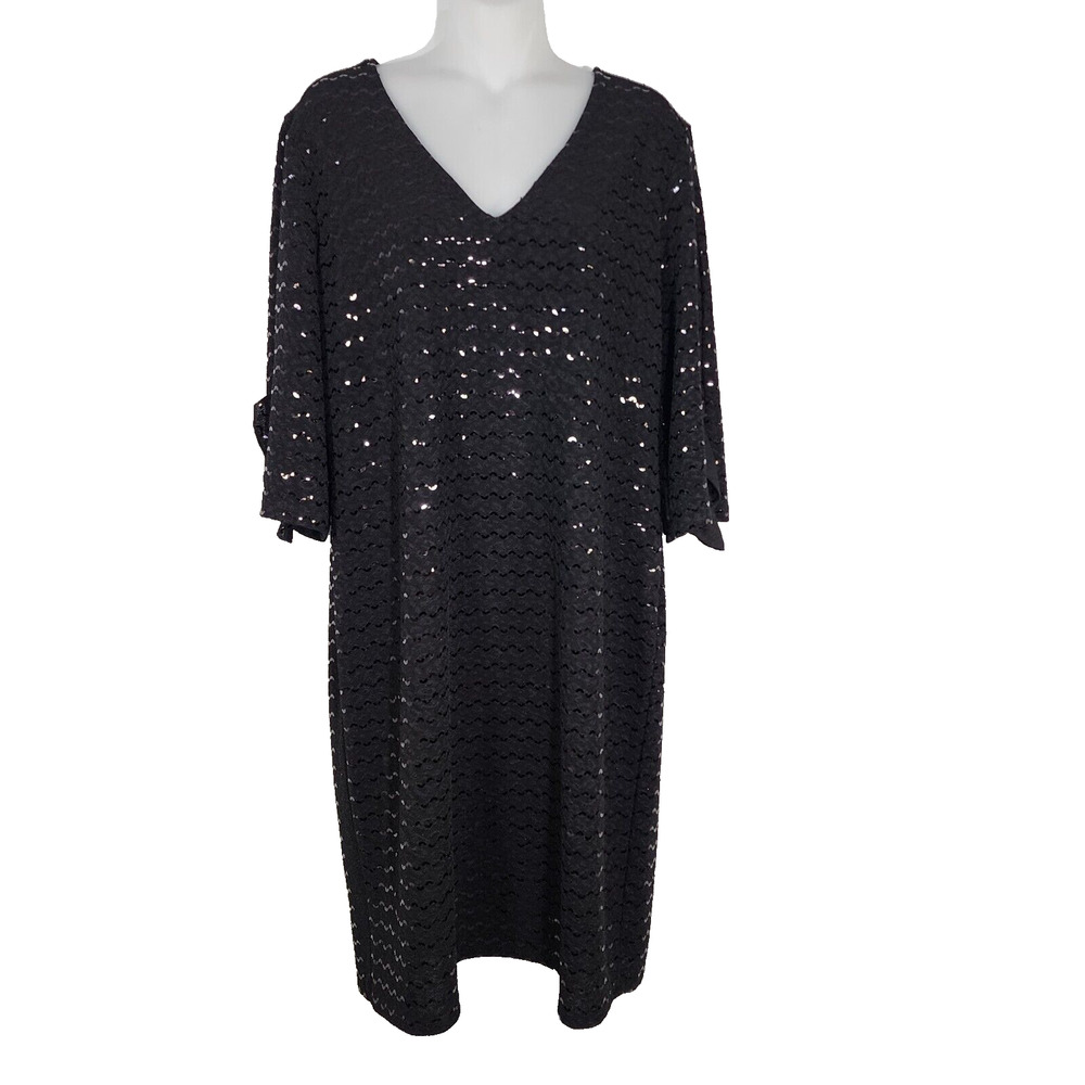 Clara Sun Woo Womens Dress Size Large Midi Black Sequin 3/4 Sleeve V Neck Sheath